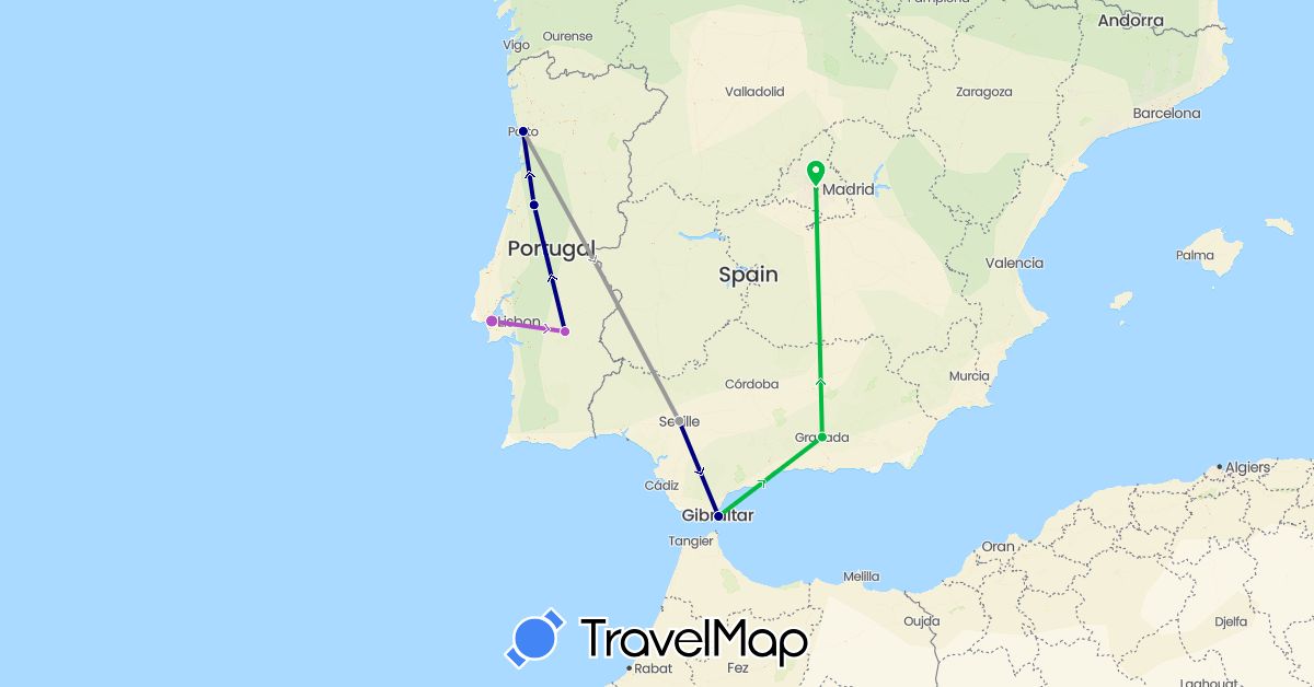 TravelMap itinerary: driving, bus, plane, train in Spain, Gibraltar, Portugal (Europe)